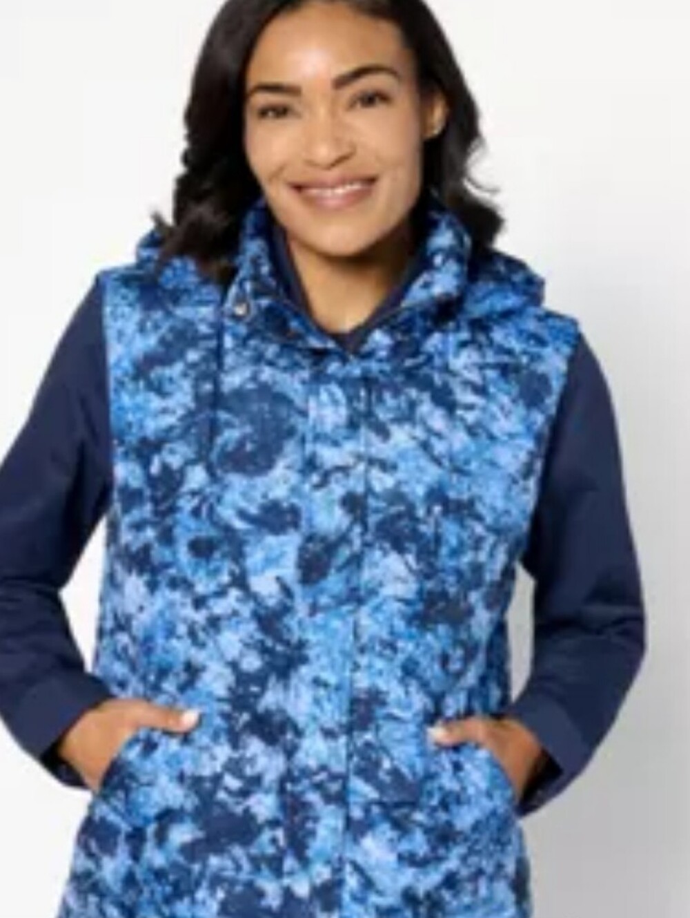 Susan Graver Weekend Hooded Vest SZ XL Quilted Blue Pocket Jacket A3
